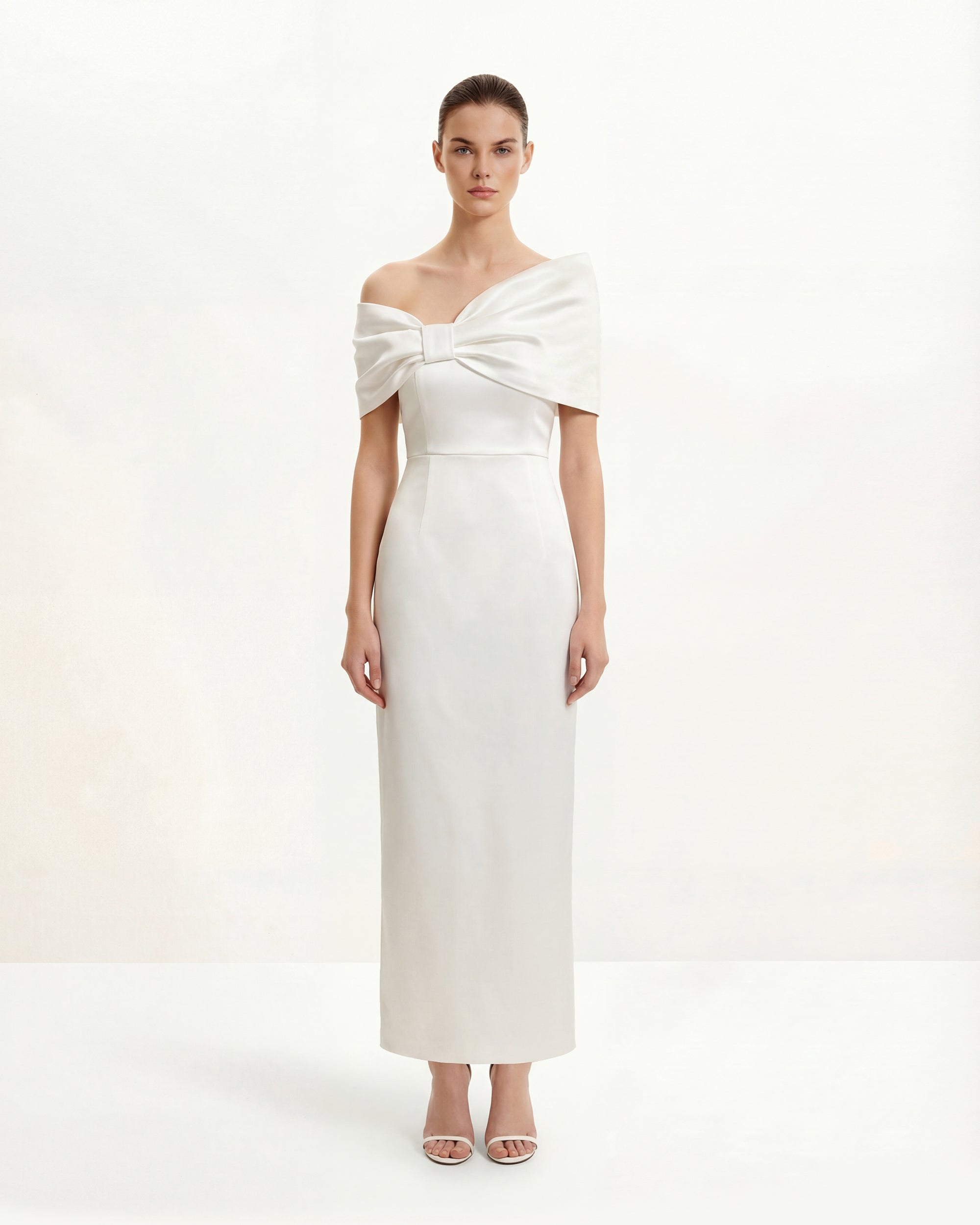 Satin Asymmetric Bow Maxi Dress - White