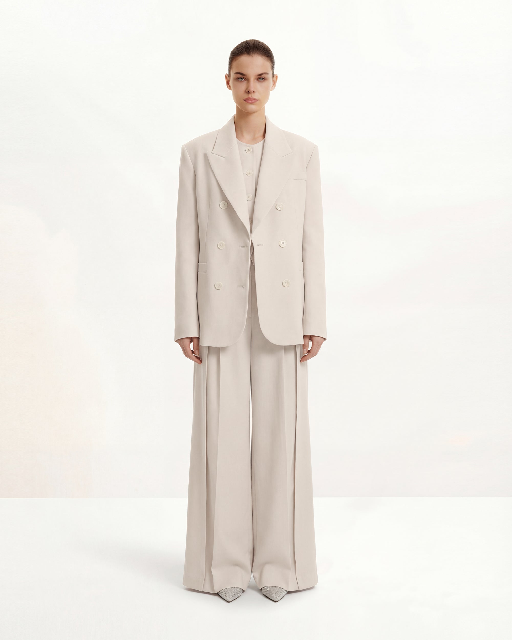 Structured Power-Shoulder Double-Breasted Blazer - Beige