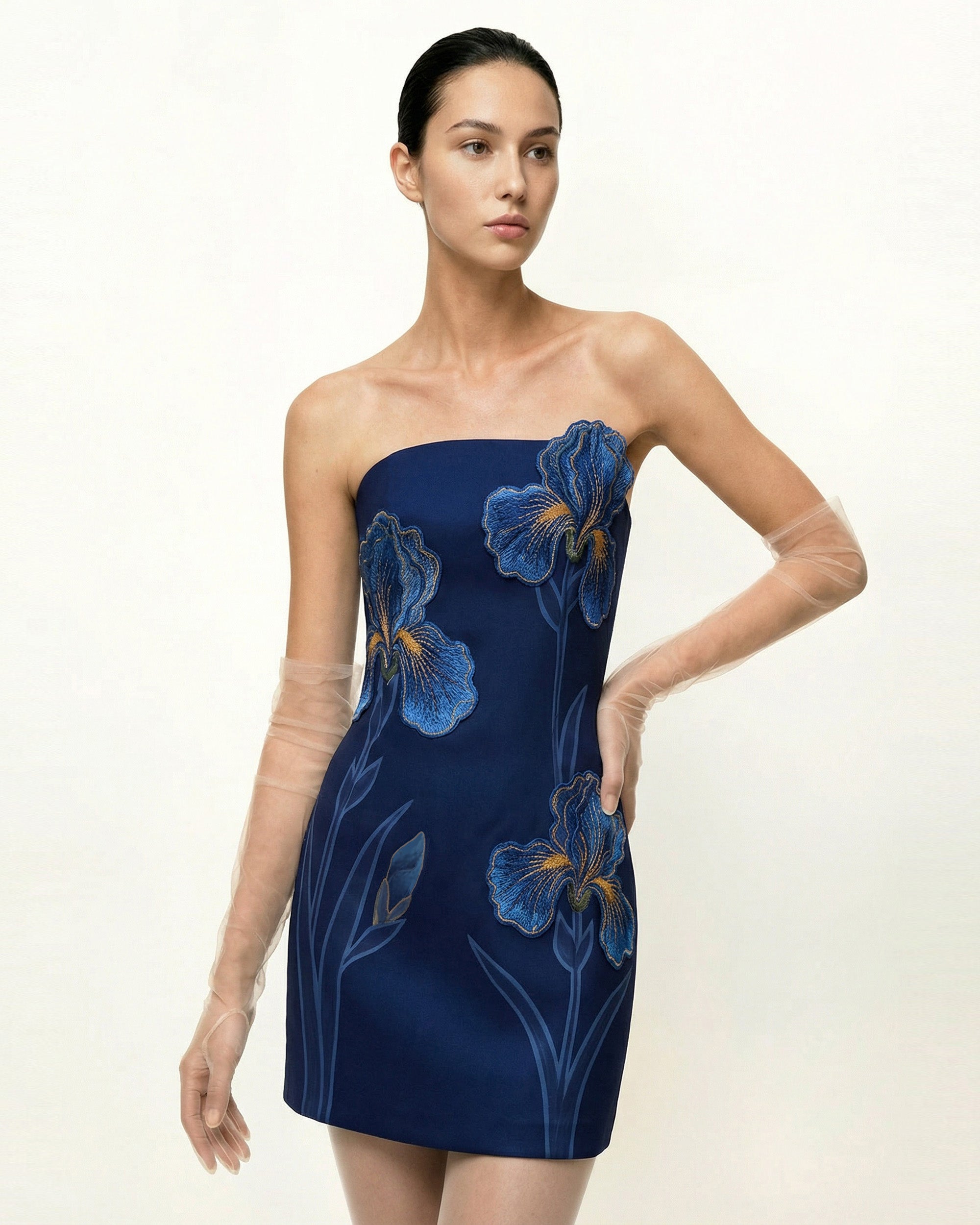 Iris Floral Print Strapless Dress – Navy blue