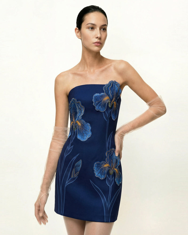 Iris Floral Print Strapless Dress – Navy blue