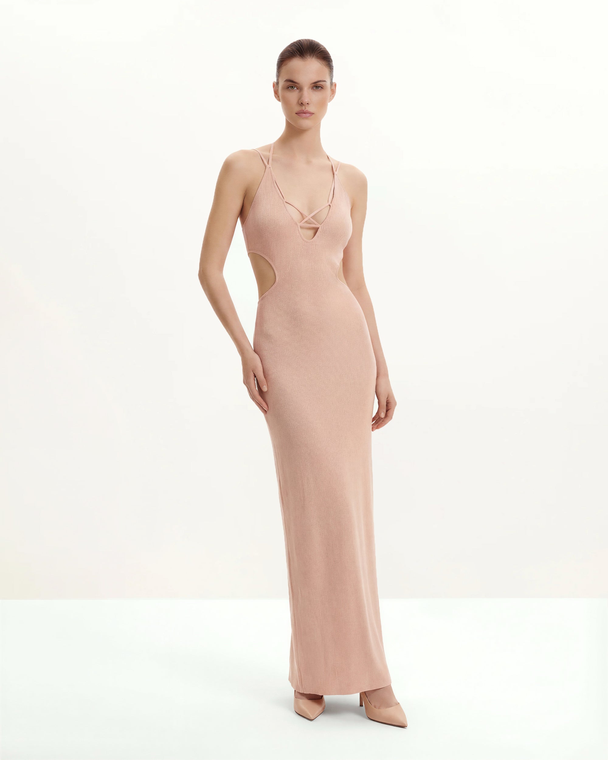 Ribbed Knit Cutout Maxi Dress - Pink