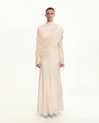 Sheer Shawl Ruched Bodycon Maxi Gown - Cream