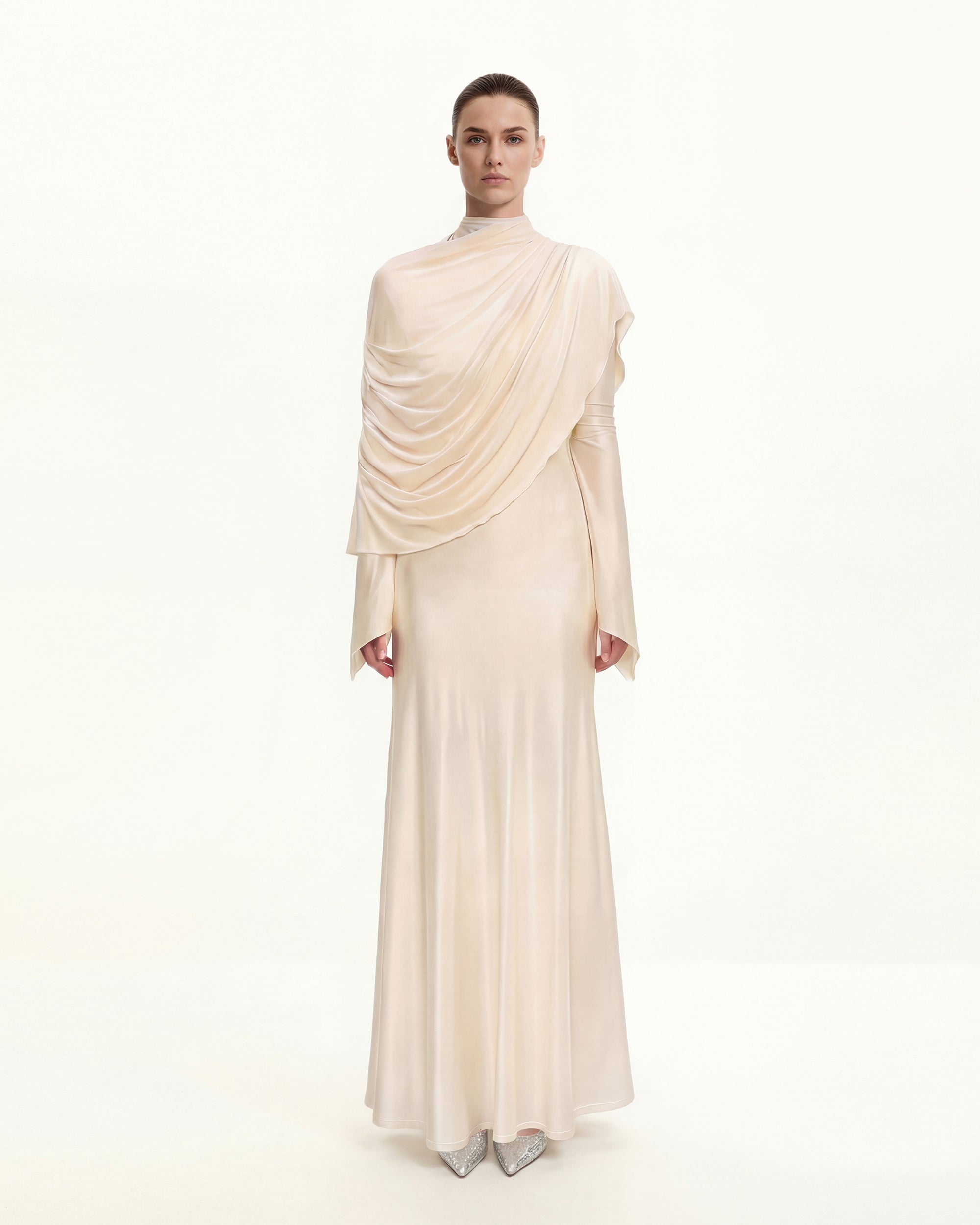 Sheer Shawl Ruched Bodycon Maxi Gown - Cream