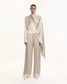 Satin-Feel Elastic Waist Wide-Leg Trousers - Cream