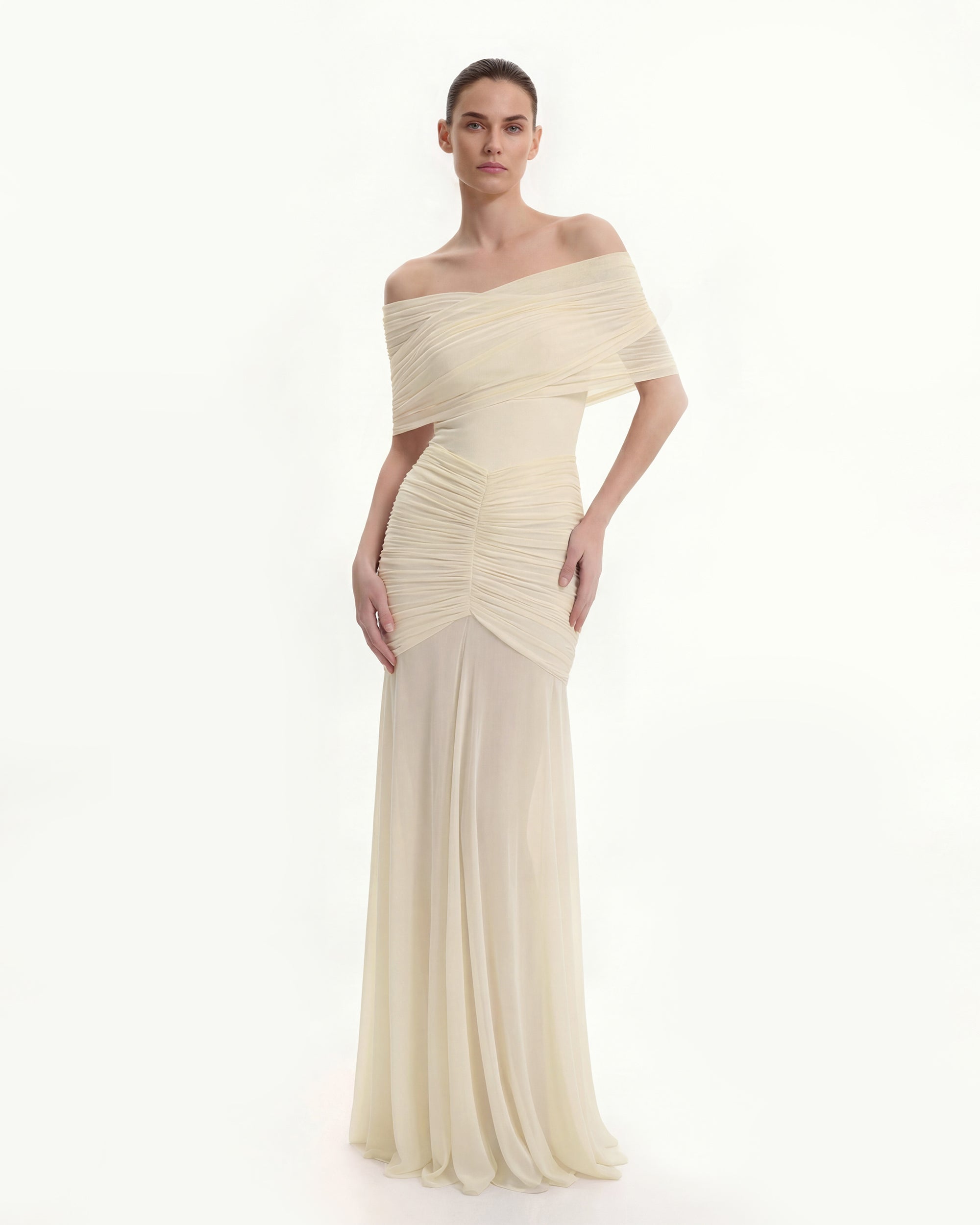 Ruched Off-Shoulder Sheer-Skirt Gown - Cream