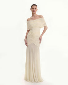 Ruched Off-Shoulder Sheer-Skirt Gown - Cream