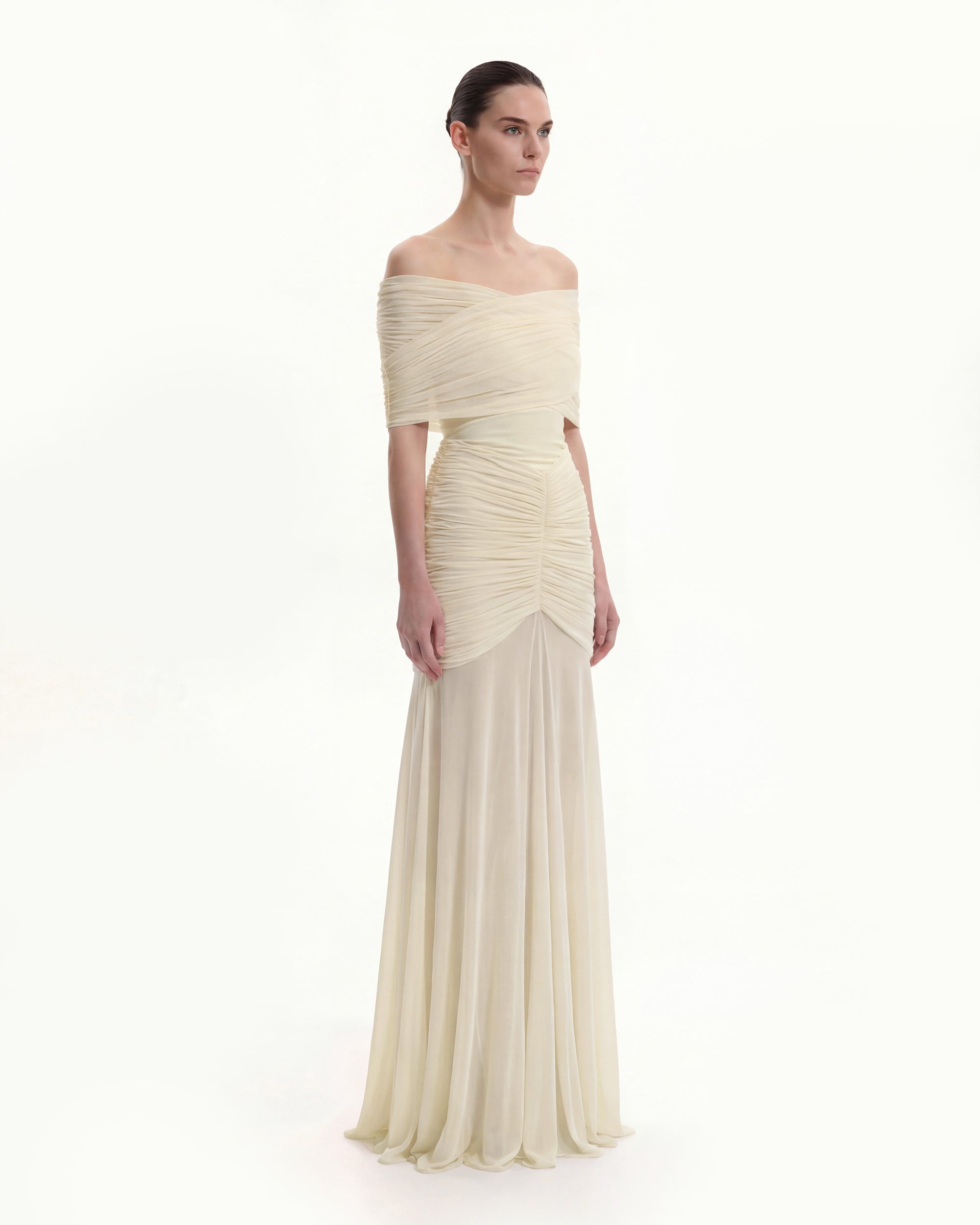 Ruched Off-Shoulder Sheer-Skirt Gown - Cream