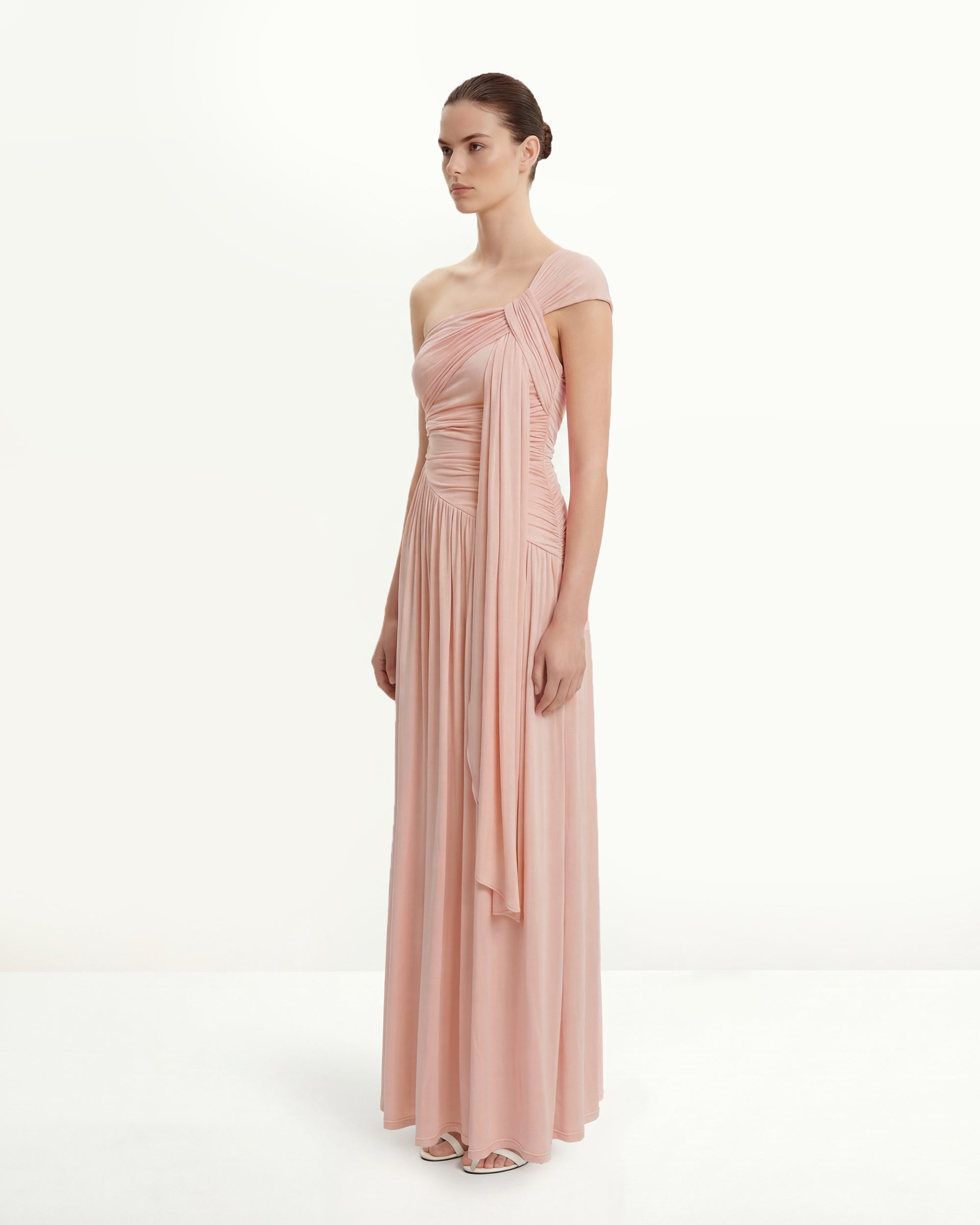 Ruched One-Shoulder Maxi Dress with Trailing Sash - Pink