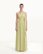 Ruched One-Shoulder Maxi Dress with Trailing Sash - Green