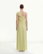Ruched One-Shoulder Maxi Dress with Trailing Sash - Green