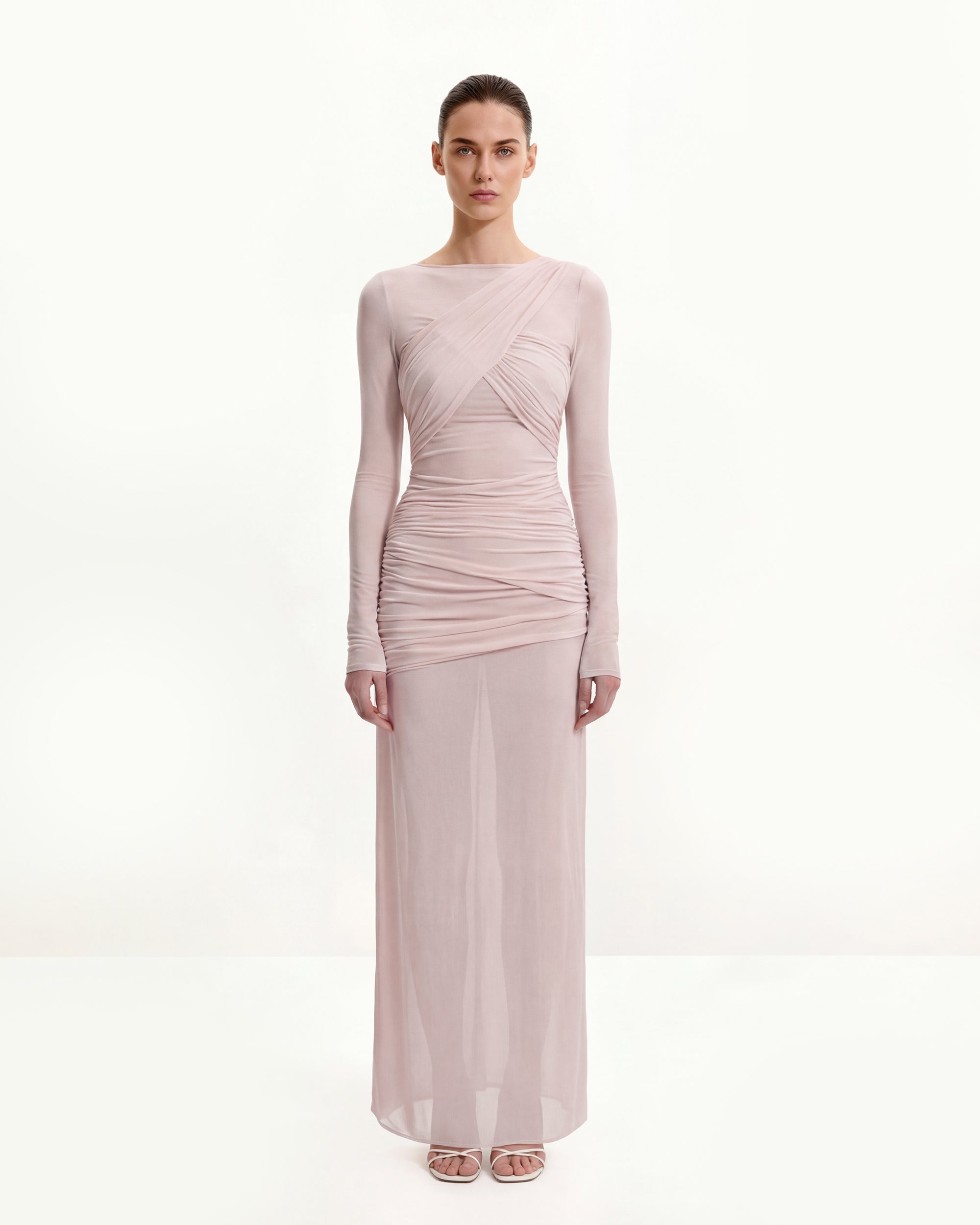 Twist Ruched Bodycon Long Sleeve Dress - Pink