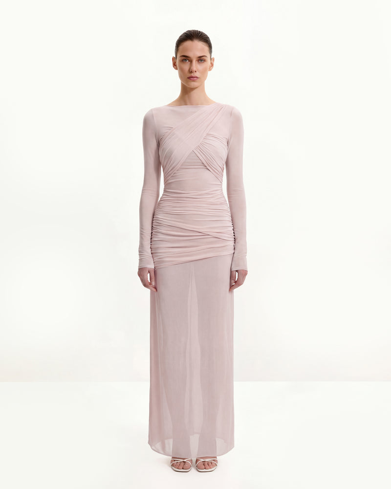 Twist Ruched Bodycon Long Sleeve Dress - Pink