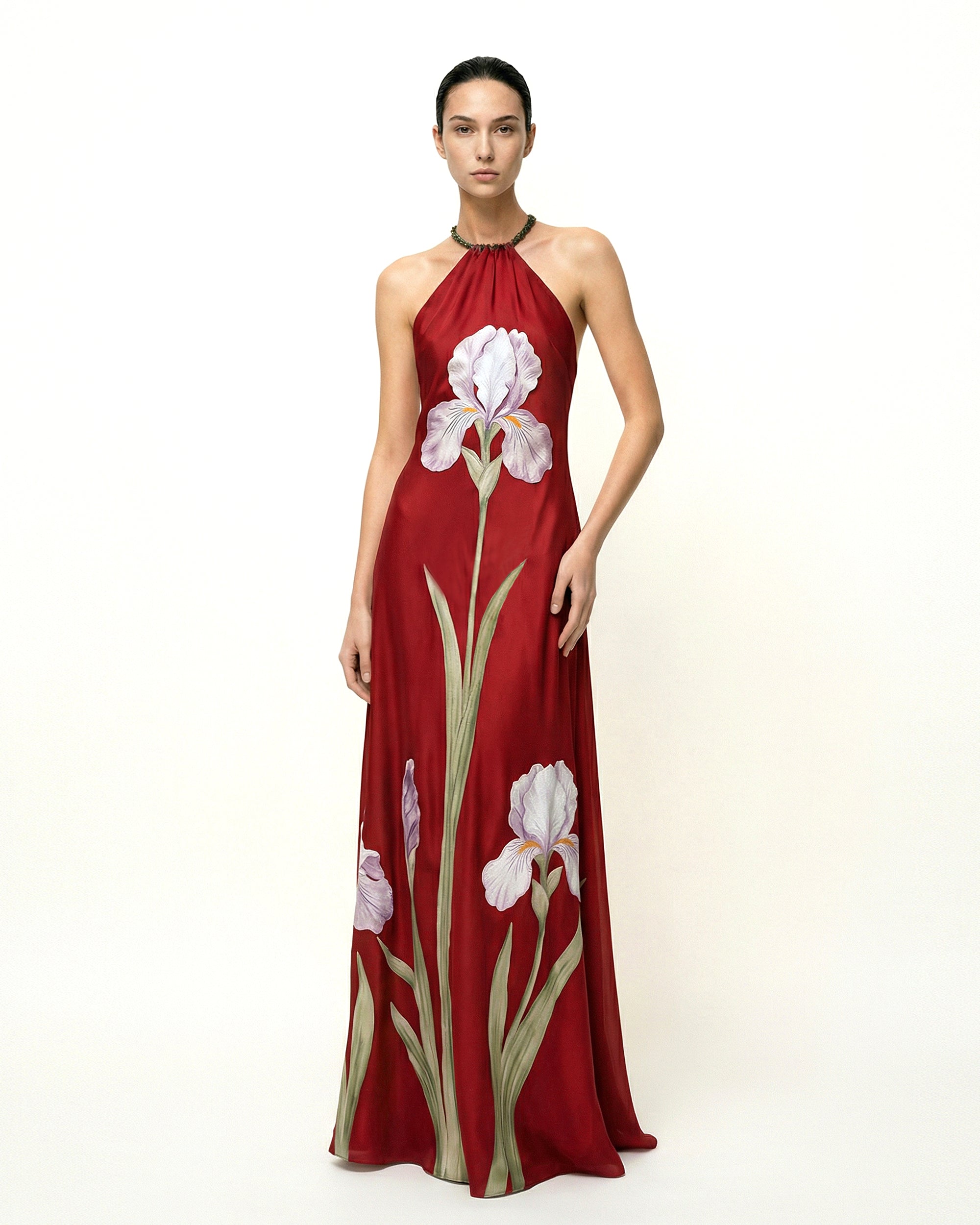 Iris Floral Print Halter Maxi Dress - Ruby