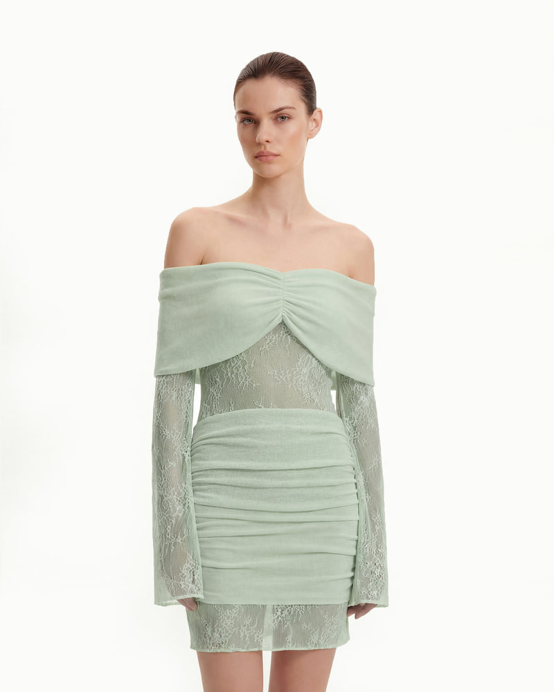 Off-Shoulder Ruched Mini Dress with Lace Sleeves - Green
