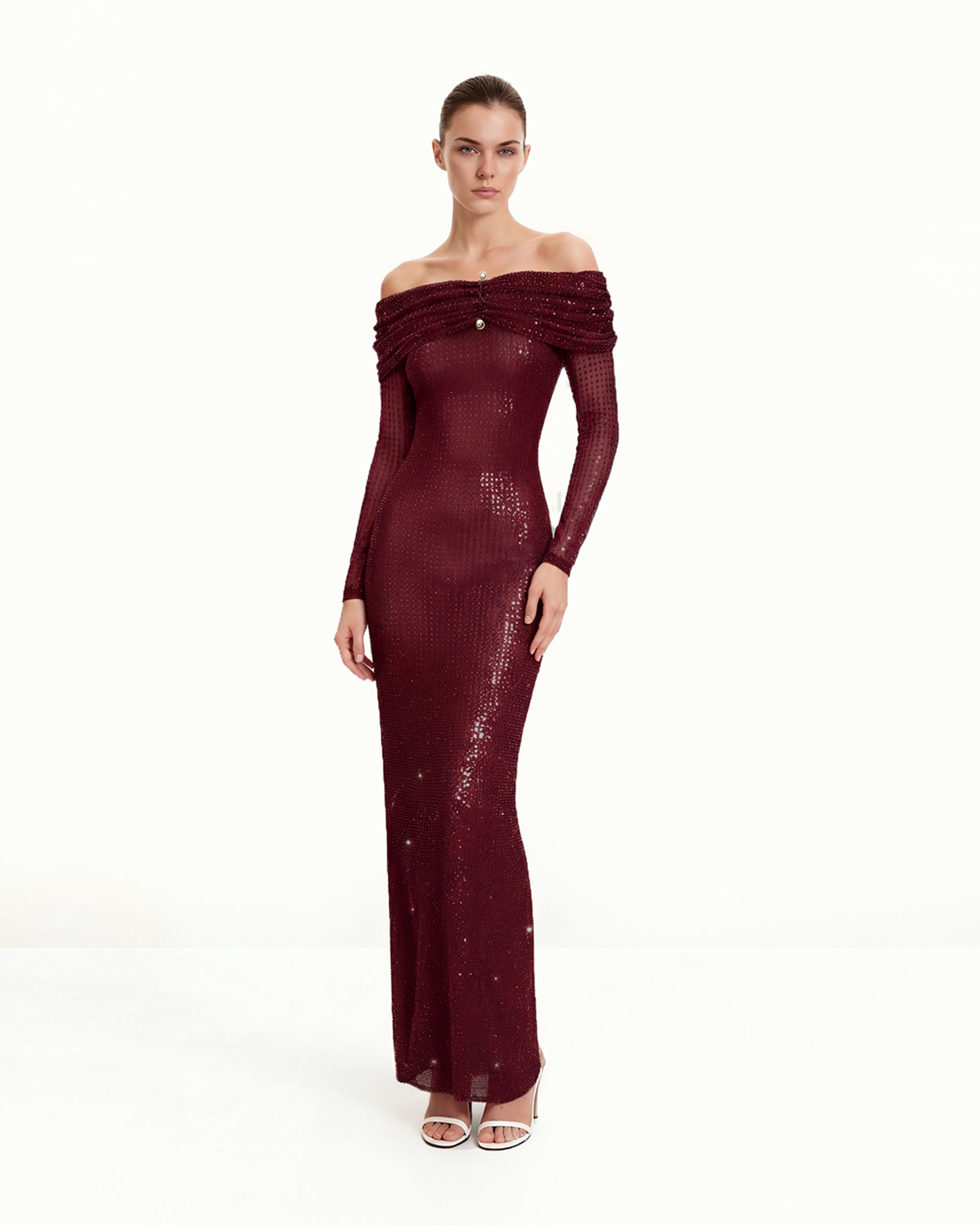 Rhinestone Mesh Off-Shoulder Maxi Dress - Claret