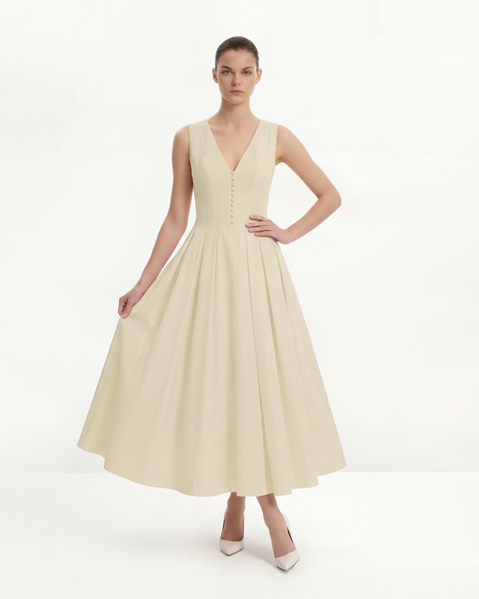 Front V-Neck Pleated Midi Dress - Yellow