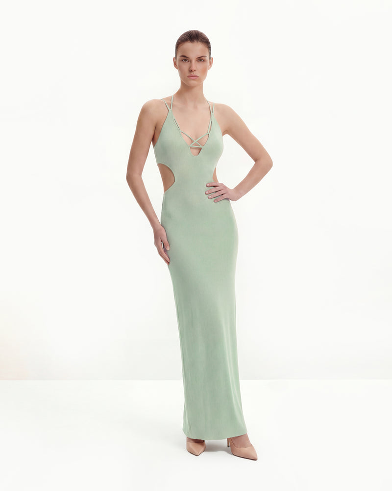 Ribbed Knit Cutout Maxi Dress - Green