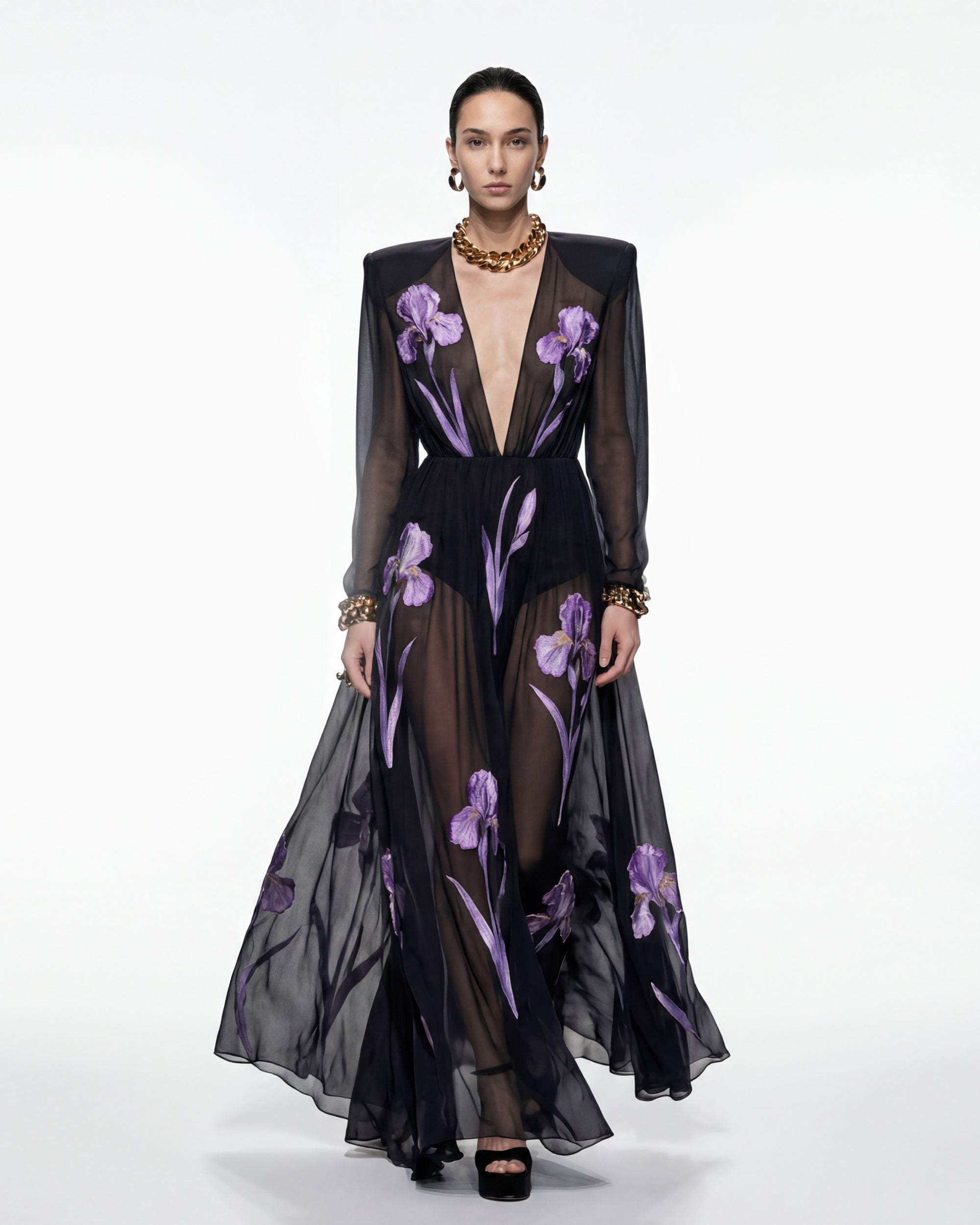 Iris Floral Print Long-Sleeve Sheer Gown - Black/Purple