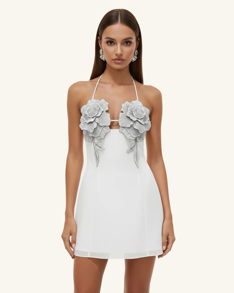 Flower Embroidered Mini Dress - White