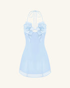 Flower Embroidered Mini Dress - Blue