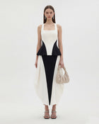 Monochrome Paneled Structured Pannier Maxi Skirt - Black