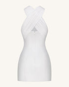 Satin Mini Dress with Tulle Cross-Halter - White