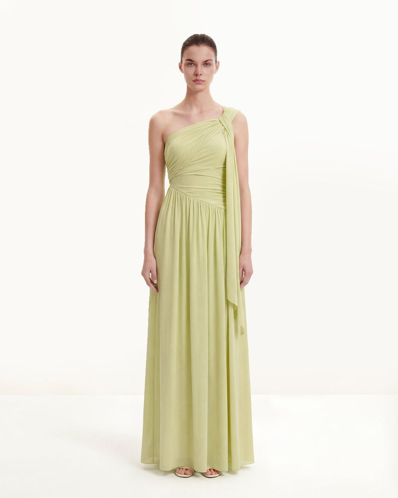 Ruched One-Shoulder Maxi Dress with Trailing Sash - Green