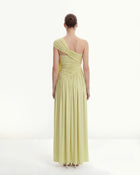 Ruched One-Shoulder Maxi Dress with Trailing Sash - Green