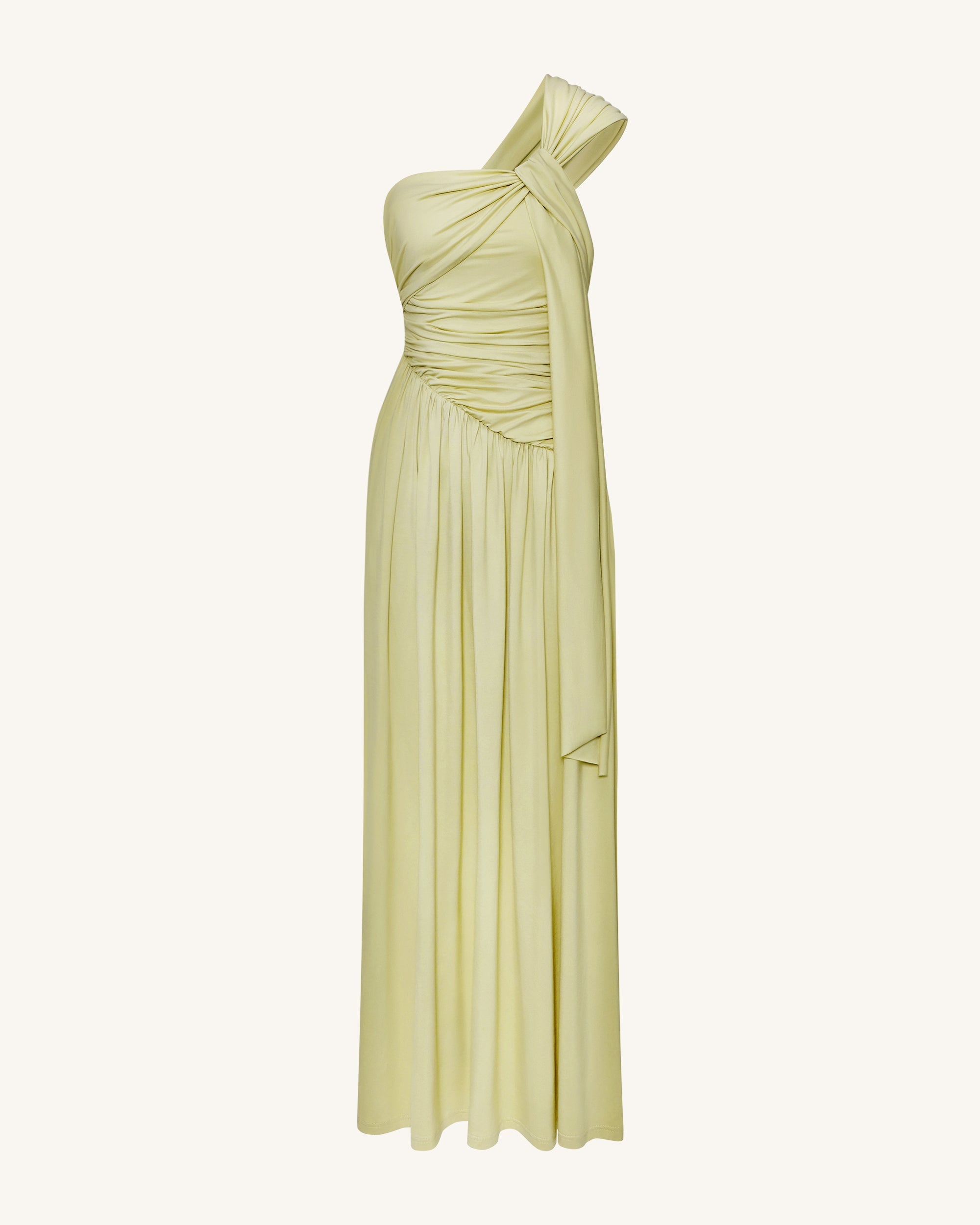 Ruched One-Shoulder Maxi Dress with Trailing Sash - Green
