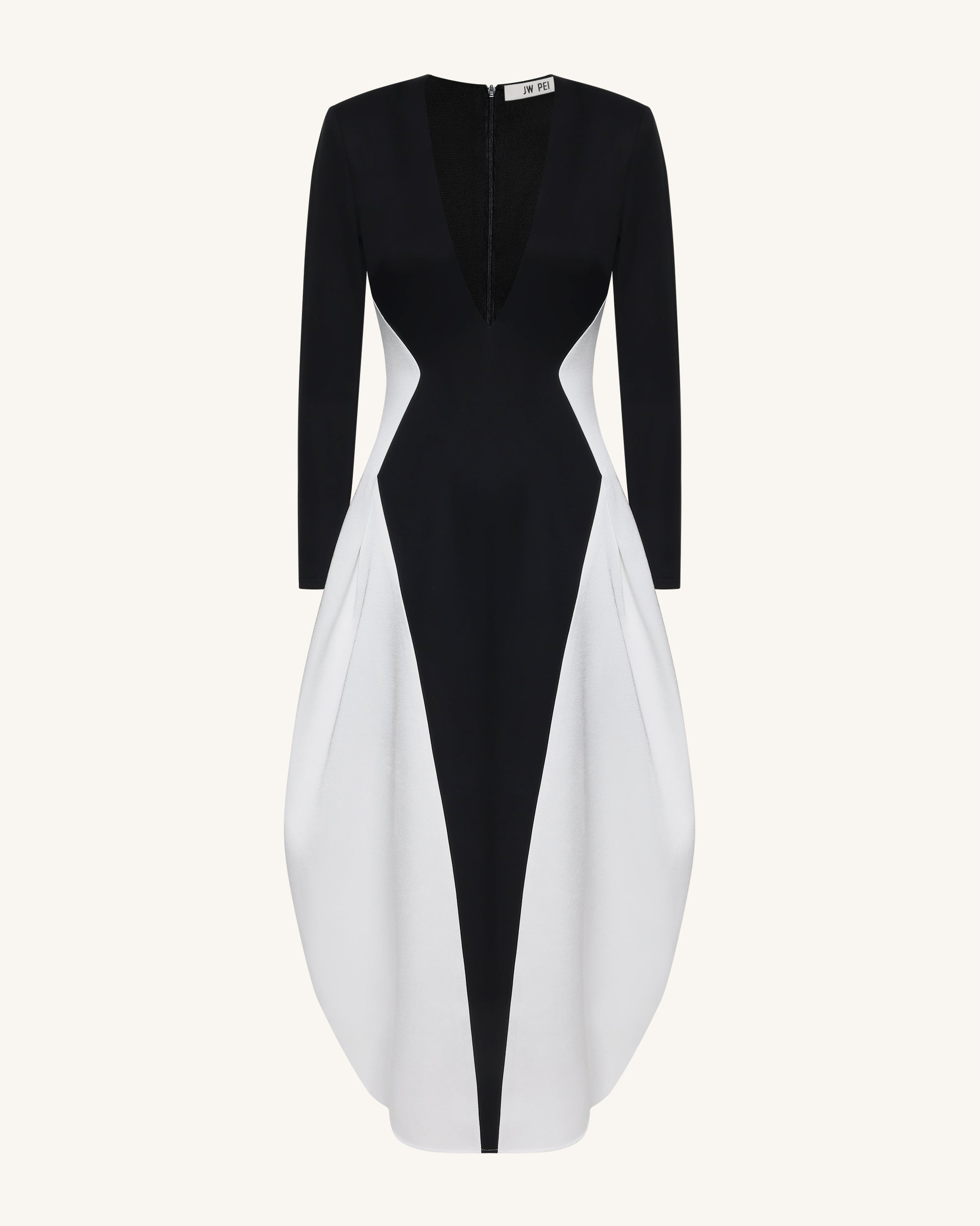 Monochrome Paneled Plunging V-Neck Long-Sleeve Maxi Dress - Black