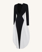 Monochrome Paneled Plunging V-Neck Long-Sleeve Maxi Dress - Black