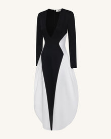 Monochrome Paneled Plunging V-Neck Long-Sleeve Maxi Dress - Black