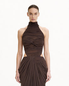 Ruched Twist-Front Halter Bodysuit - Brown