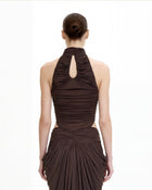 Ruched Twist-Front Halter Bodysuit - Brown