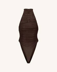 Ruched Twist-Front Halter Bodysuit - Brown