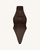 Ruched Twist-Front Halter Bodysuit - Brown