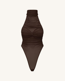 Ruched Twist-Front Halter Bodysuit - Brown