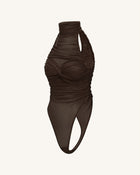 Ruched Twist-Front Halter Bodysuit - Brown
