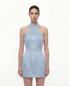 Satin Mini Dress with Tulle Cross-Halter - Blue