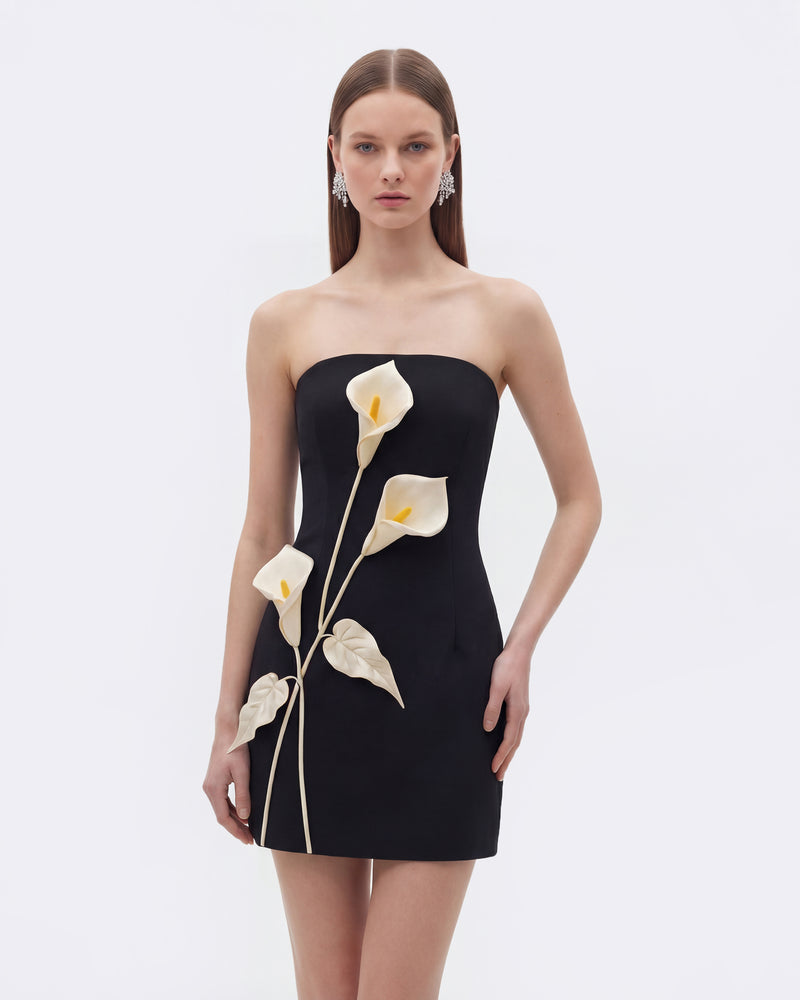 Strapless Floral Appliqué Dress - Black
