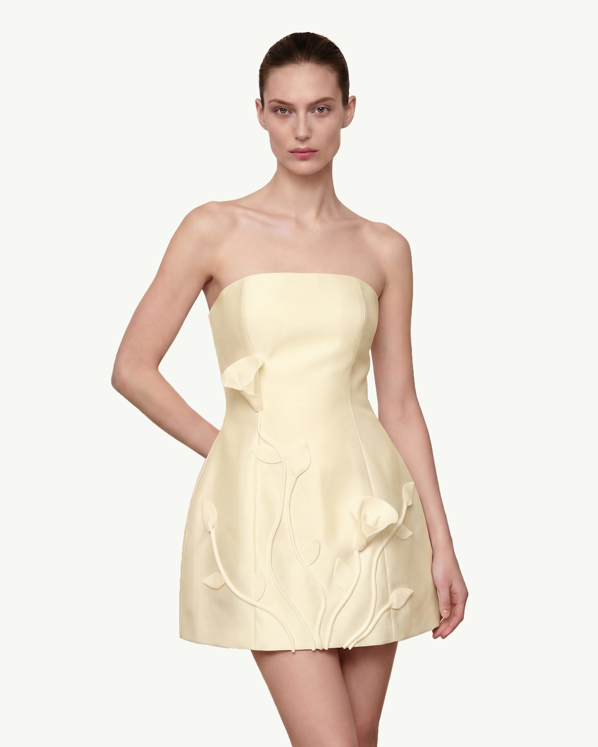 3D Vine Floral Strapless Mini Dress - Yellow