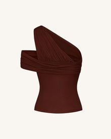 Ruched Asymmetric One-Shoulder Top - Brown