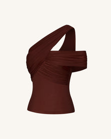 Ruched Asymmetric One-Shoulder Top - Brown