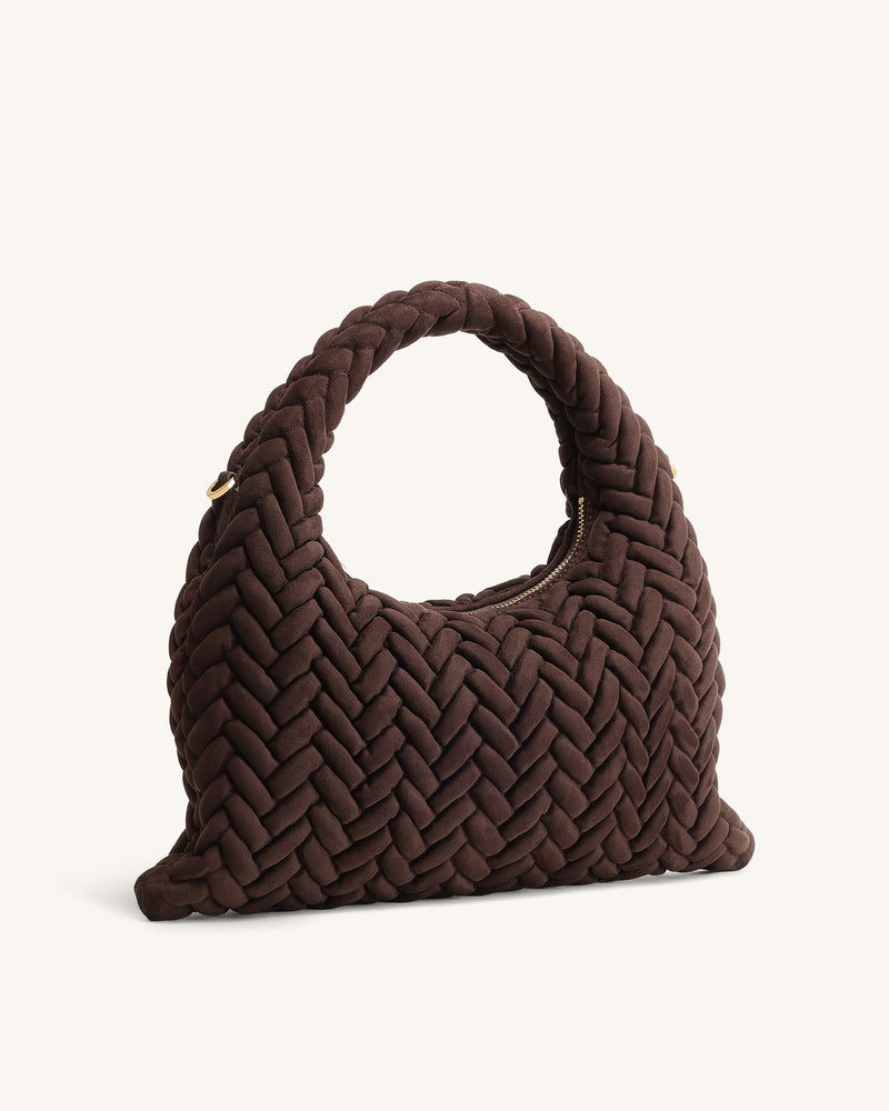 Cora Faux Suede Quilting Handle Bag - Dark Brown