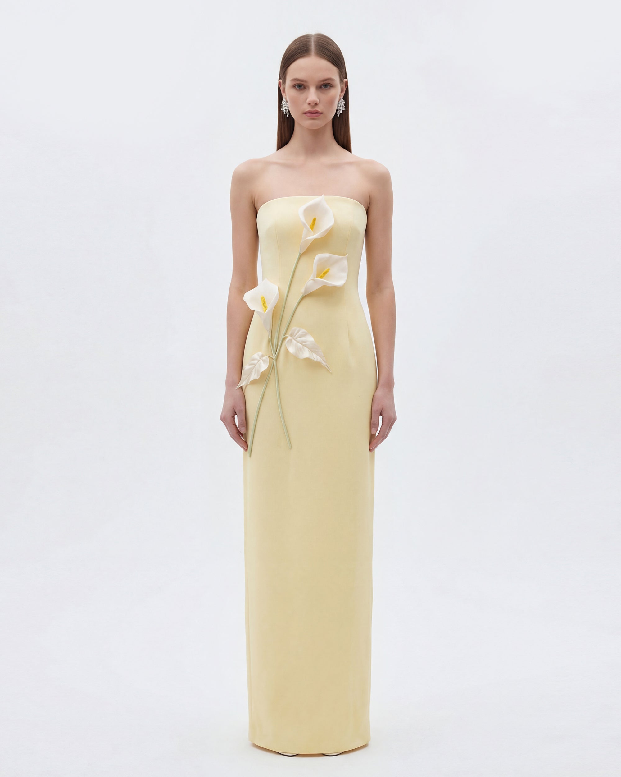 Floral Appliqué Strapless Dress - Yellow