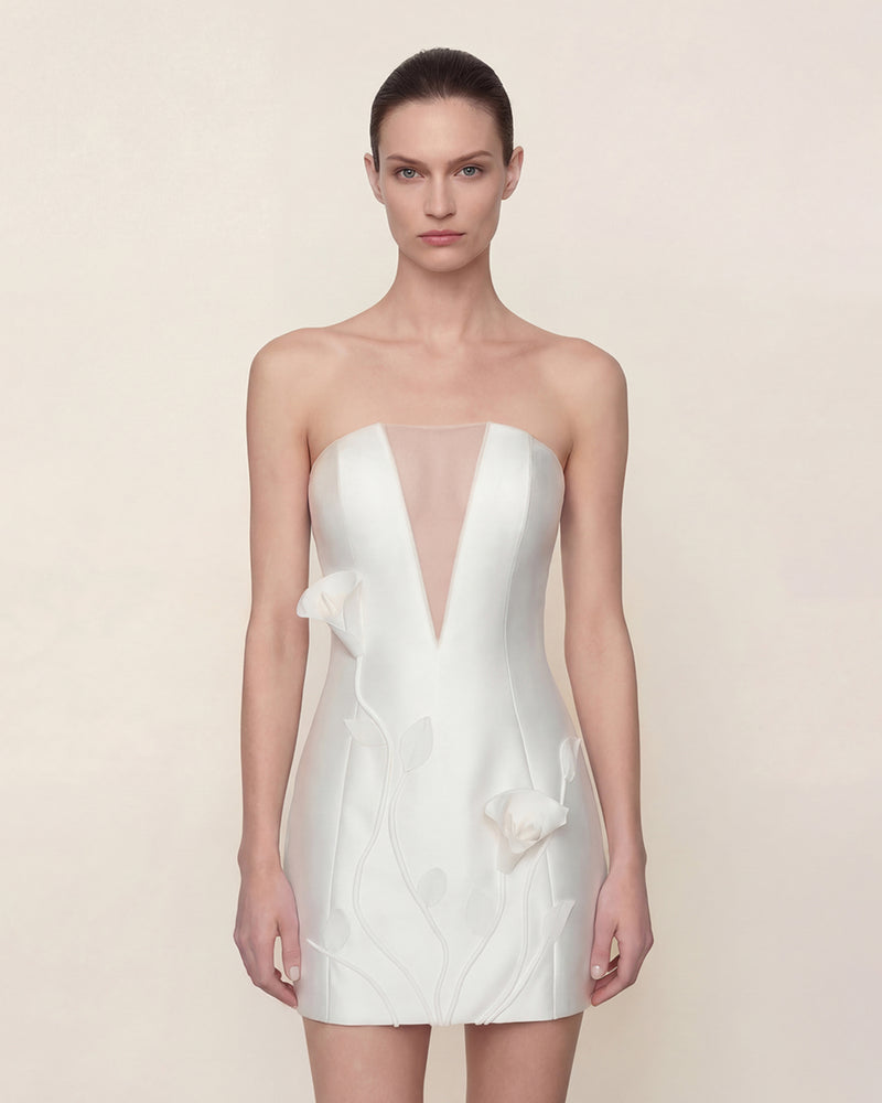 Floral Appliqué Strapless Dress - White