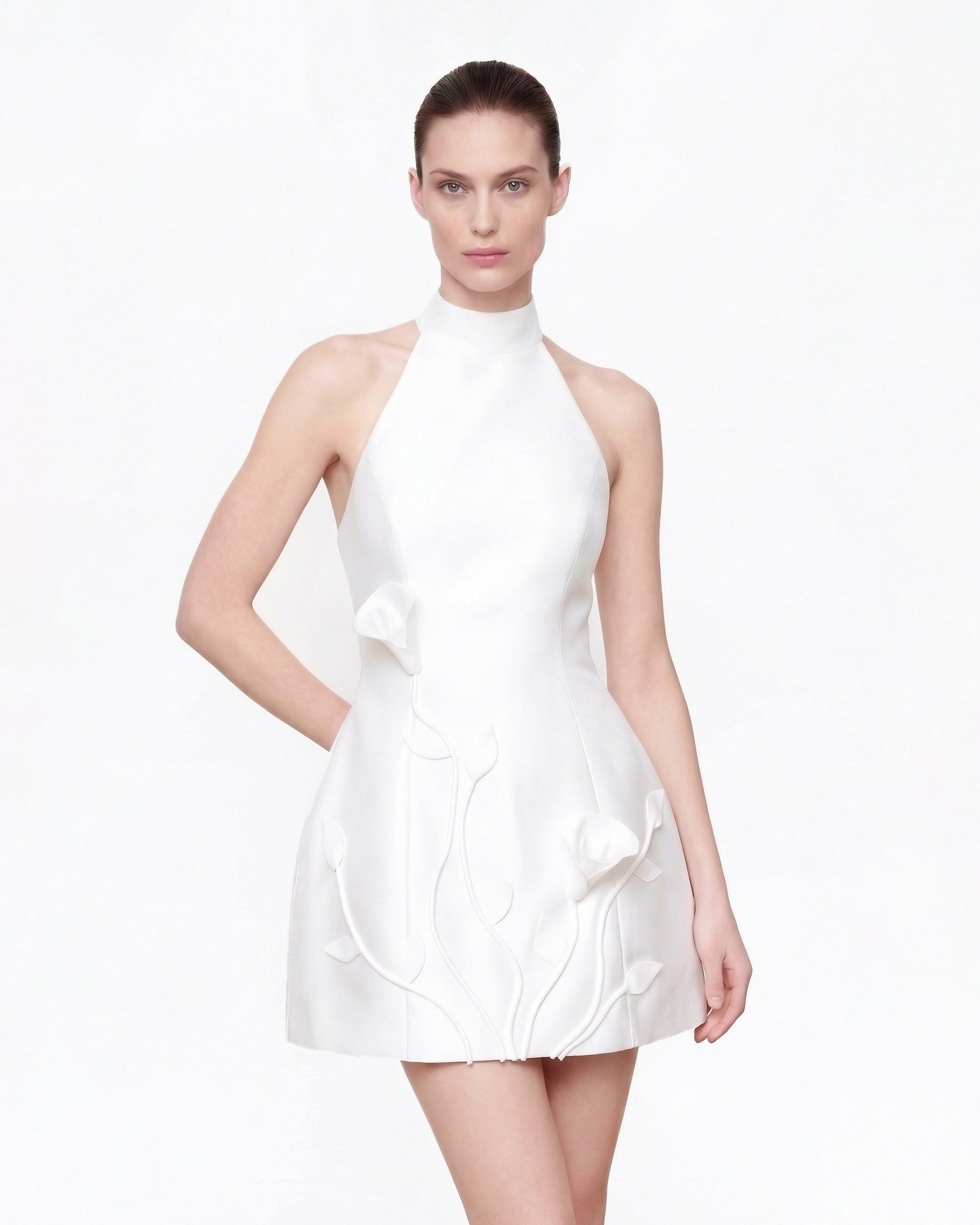 3D Floral Halter Mini Dress - White