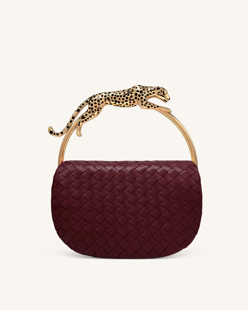 Ione Woven Leopard Shaped Top Handle Bag - Burgundy