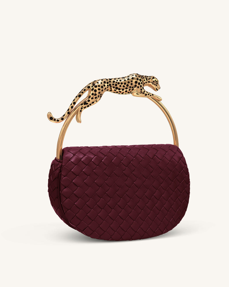 Ione Woven Leopard Shaped Top Handle Bag - Burgundy