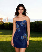 Iris Floral Print Strapless Dress – Navy blue
